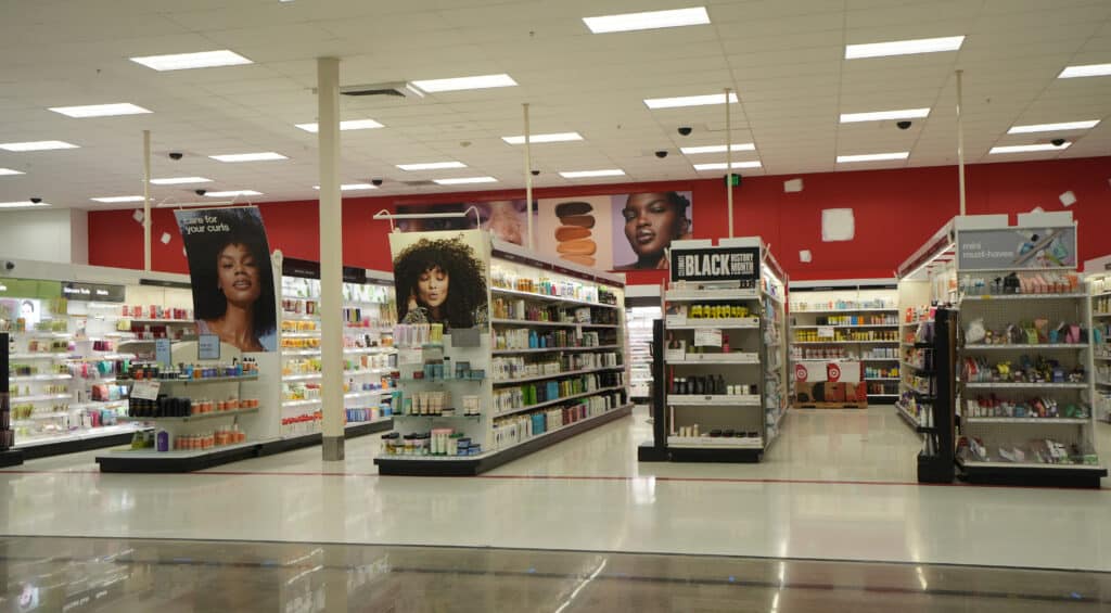 The interior of a target store with shelves full of products.