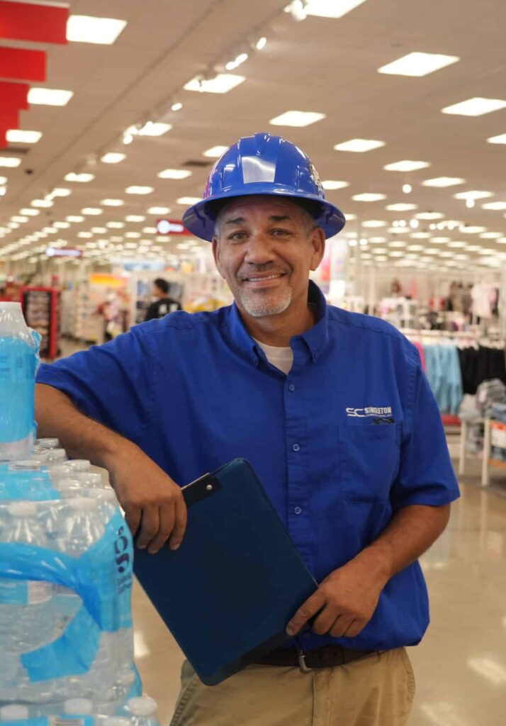 A man in a hard hat standing next to water bottles in a store.